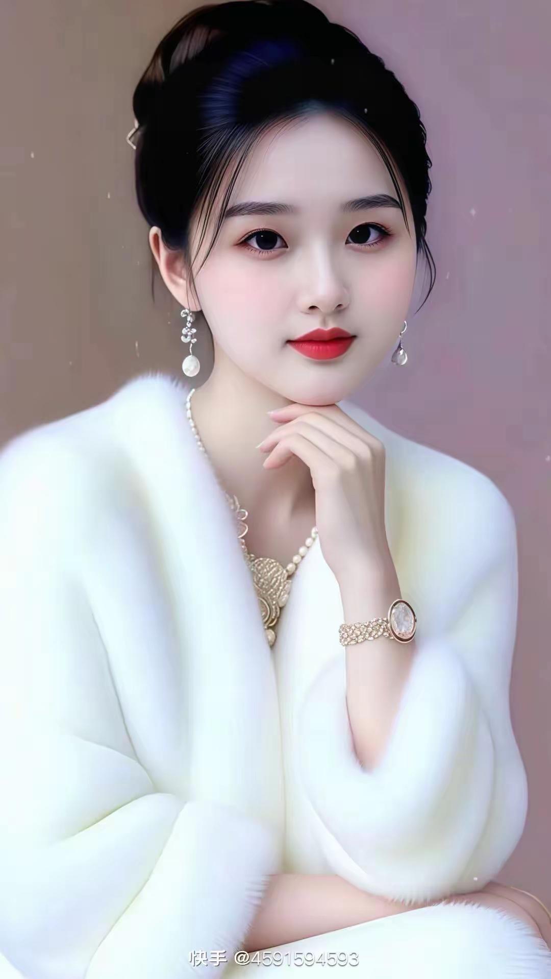 这位美女穿着毛茸茸的白色外套，气质优雅。