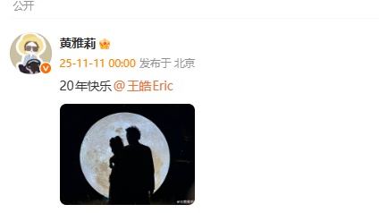 黄雅莉庆祝与王皓恋爱20周年黄雅莉晒照庆祝恋爱20周年 发博晒与​​​合照：“2