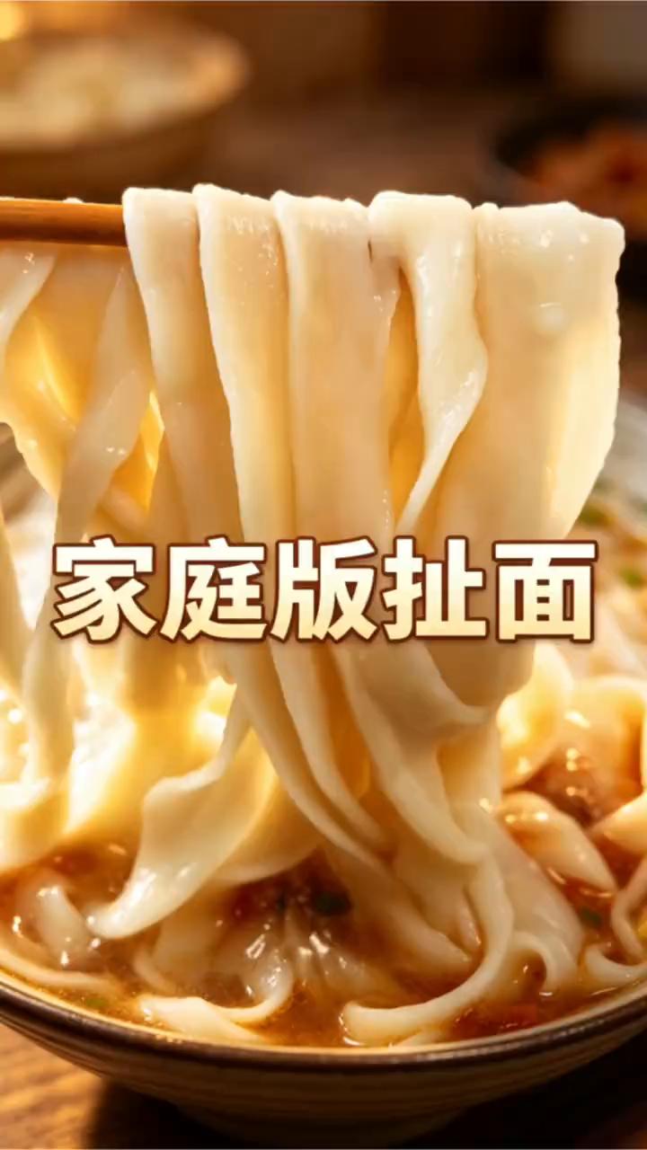 家庭版扯面。
面饼拿起来从中间向外这么轻轻一抻就是简单又好吃的家庭版手抻面。
·