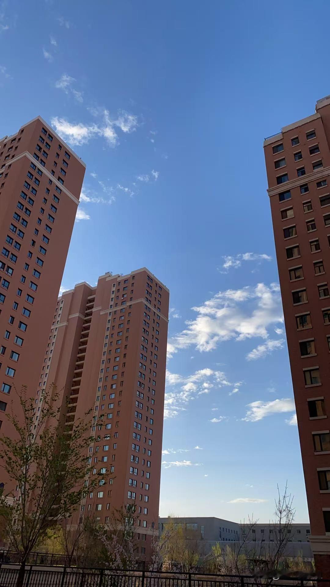 早上起来，出单元门，哇，天气真好，空气清新，阳光明媚，天空瓦蓝瓦蓝的，朵朵白云配