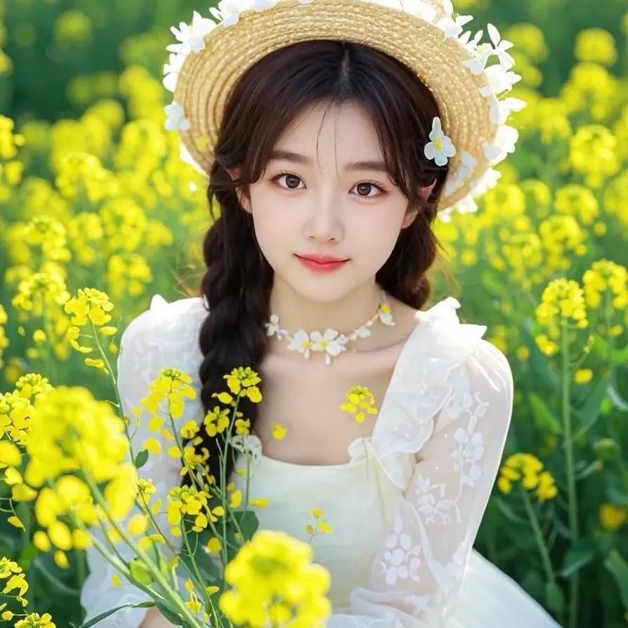 花影摇曳间，少女笑语盈盈。粉裙花影 温柔花漾少女 林间粉漾少女 绿裙花影 微风花