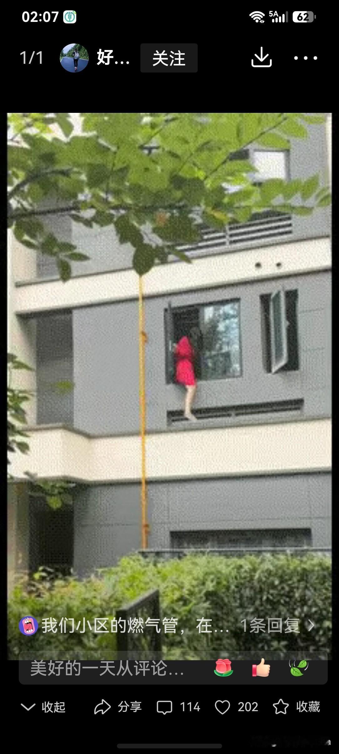 哇塞，谁懂啊？不按规矩出牌，有门不走，走窗户！

初看是一红裙女子在跳钢管舞，仔