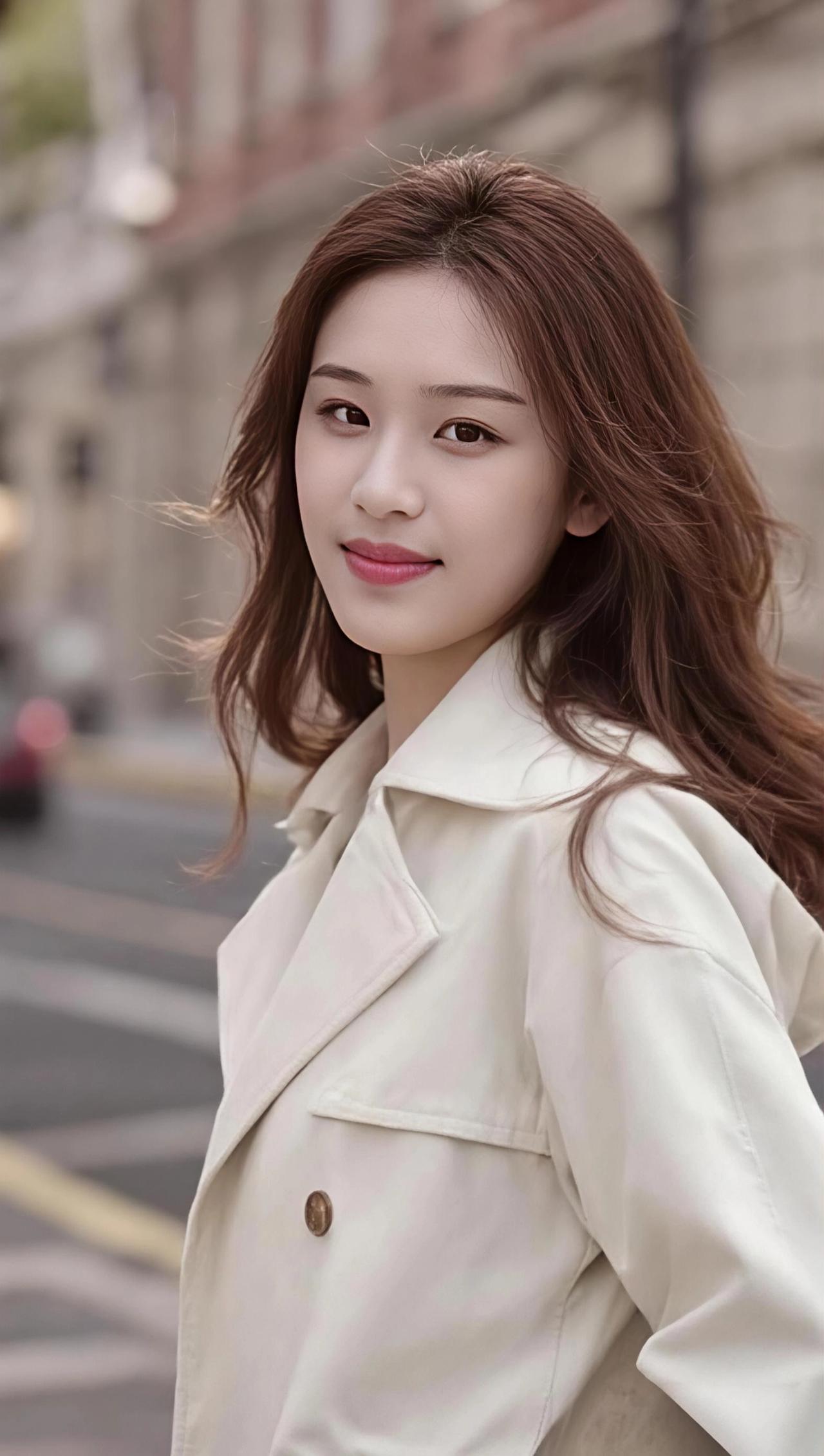 街隅晴光
浅褐风衣趁晓光，
红丝微卷带风扬。
无端笑靥惊城隅，
不借铅华自艳芳。