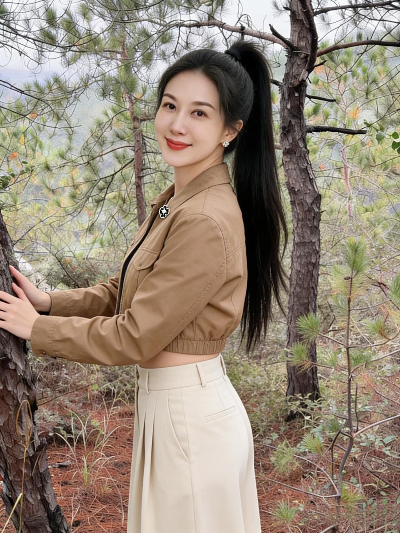 松林凝晓雾，佳丽倚苍柯。
短褐裁云薄，长裙曳月和。
高鬟垂黑瀑，笑靥绽红涡。
心