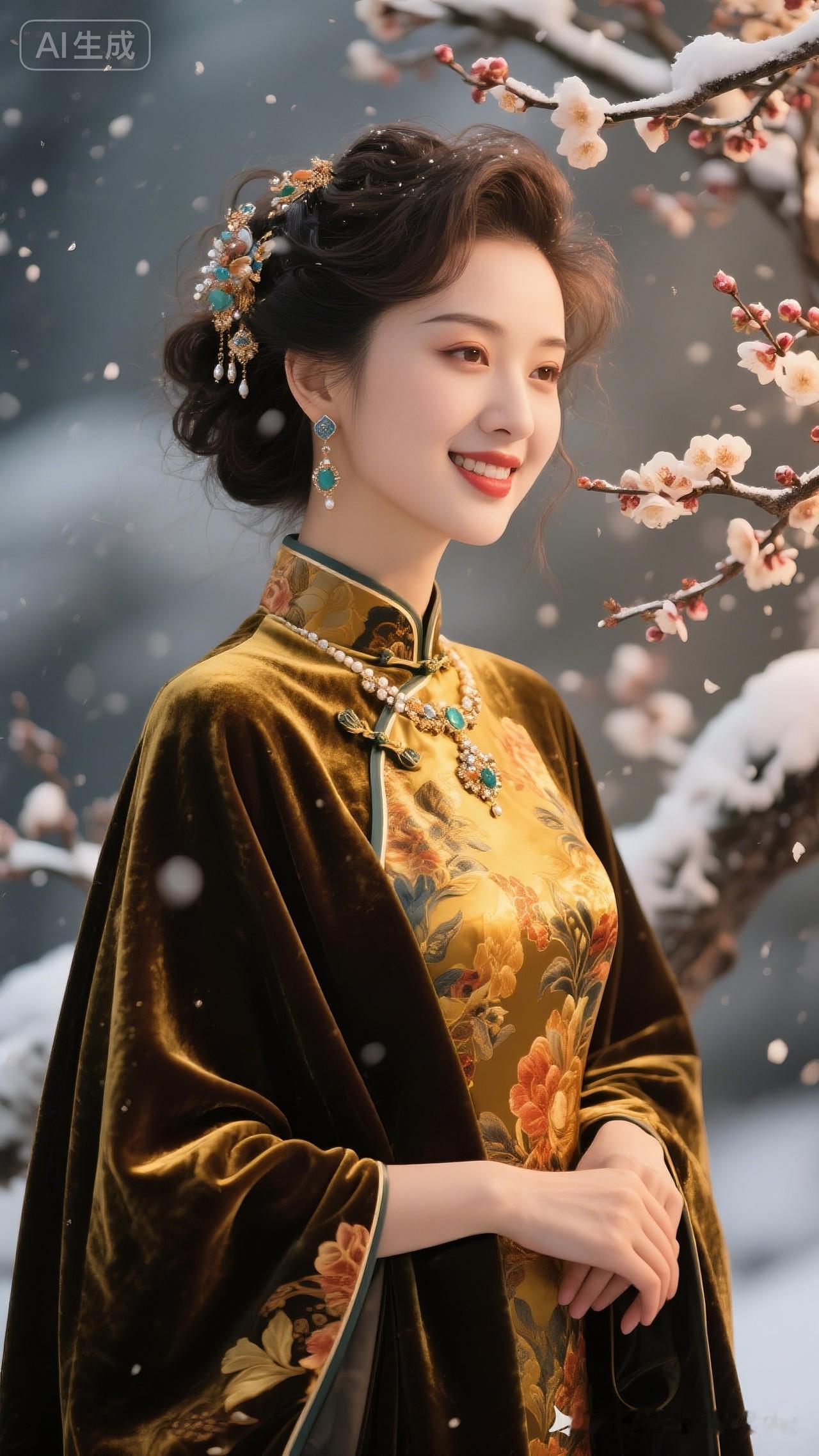 冬日雪景中的古典美人，金衣华服，笑靥如花。
