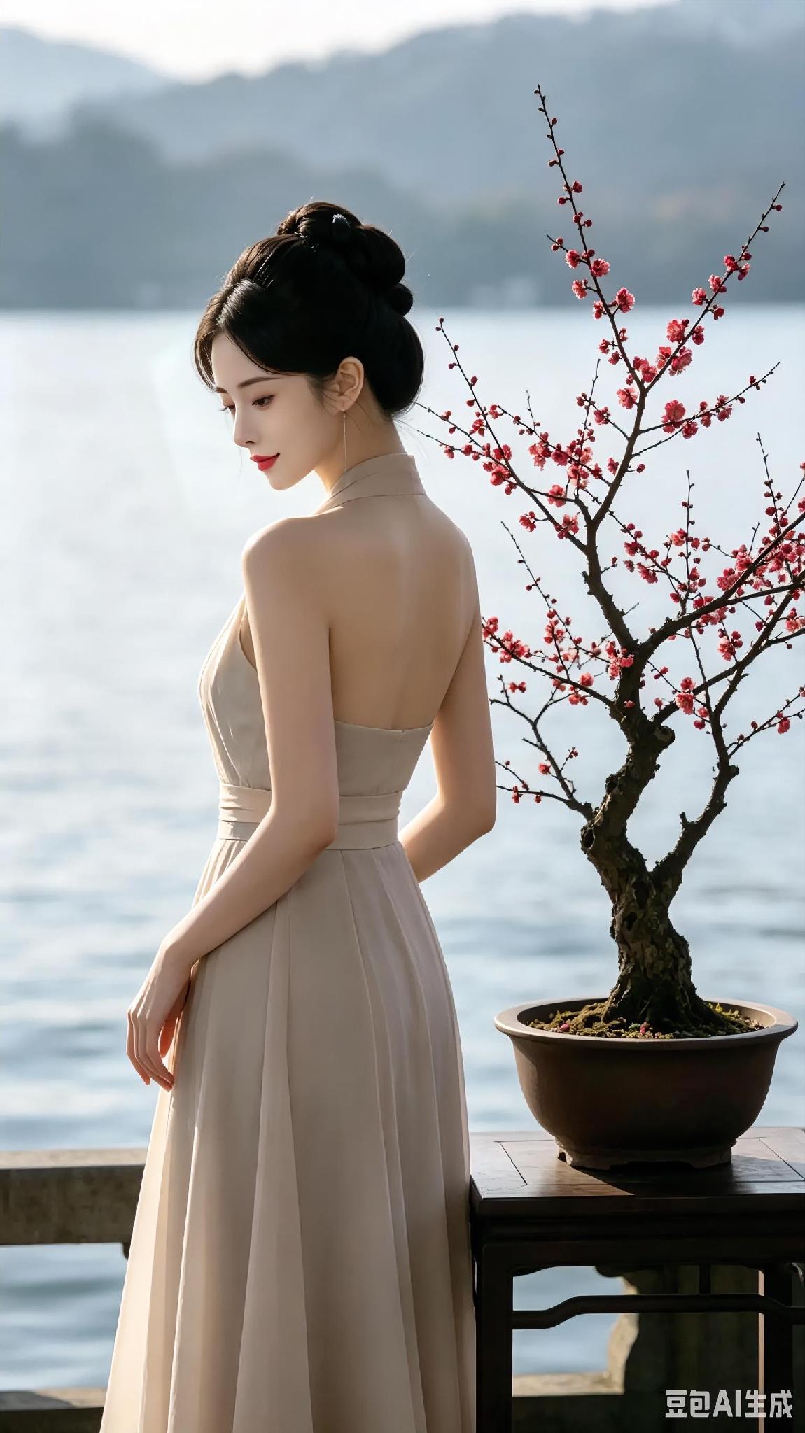 湖畔春意浓，红梅映美人。
湖边美人景 
湖畔美人照 
红梅风景 
红梅古风照 