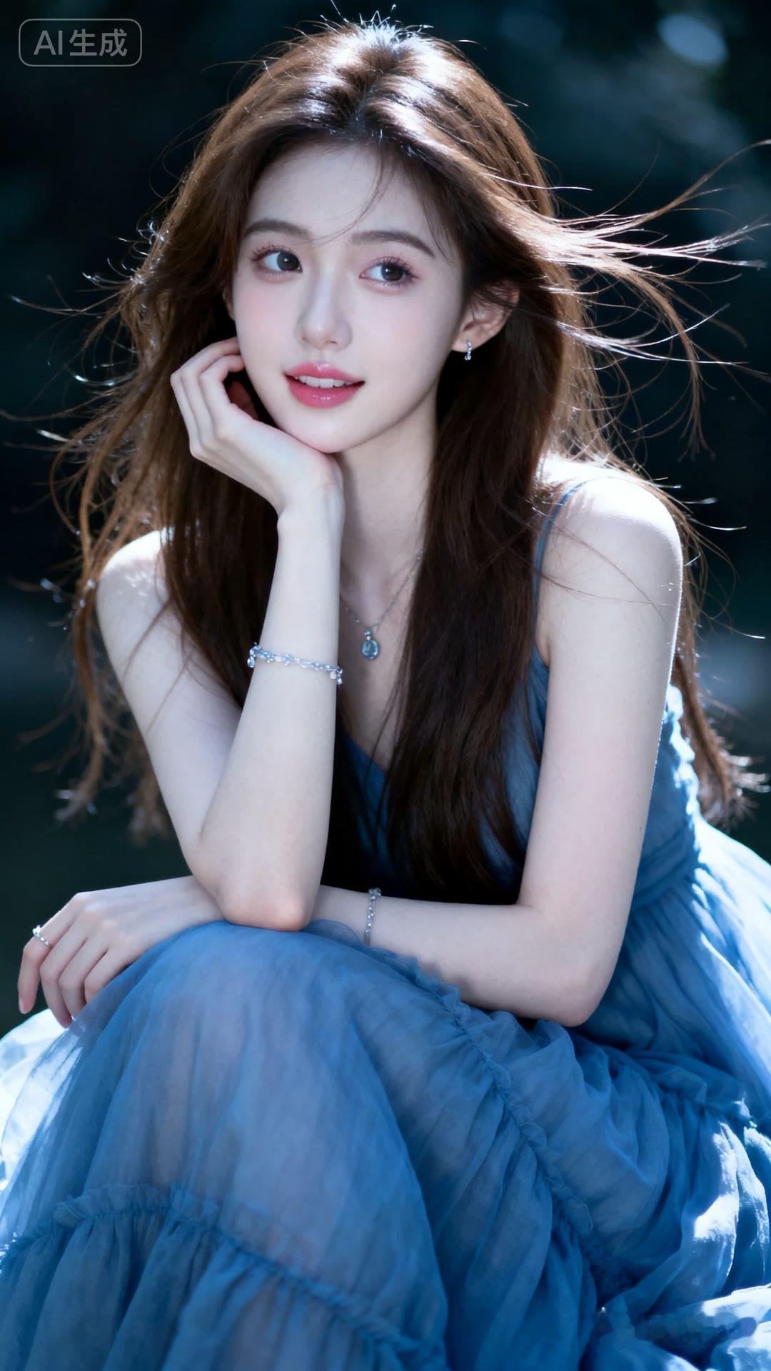 梦幻蓝裙少女，温柔风姿，阳光下的甜美瞬间