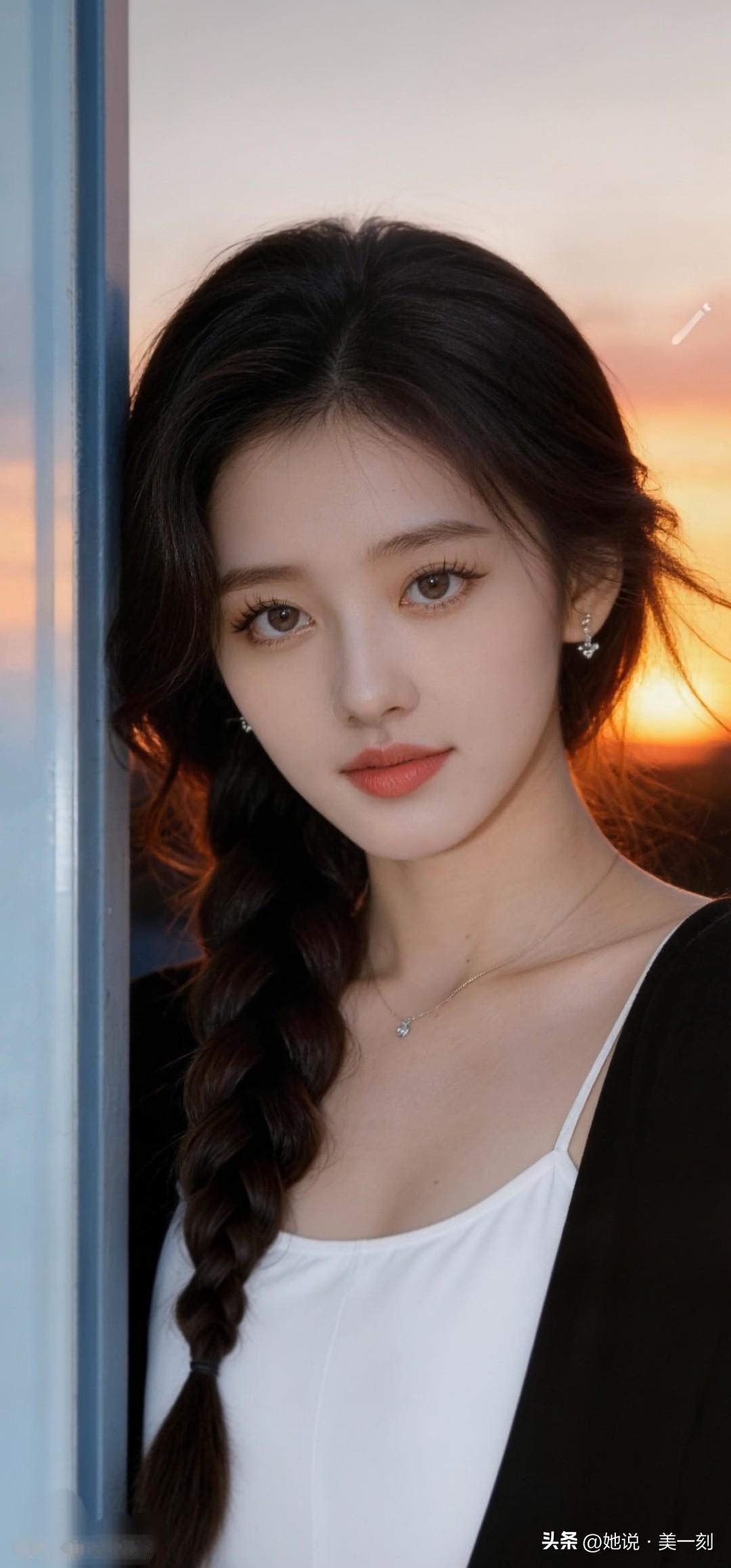 夕阳下的温柔少女，一缕发丝随风飘动，美得令人心动。