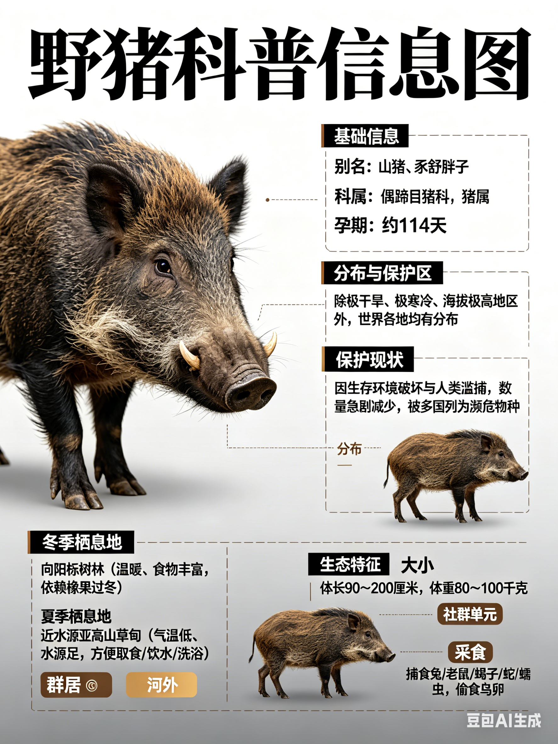 奇妙生物圈 野猪别名：山猪、豕舒胖子科属：偶蹄目猪科，猪属孕期：约114天野猪在