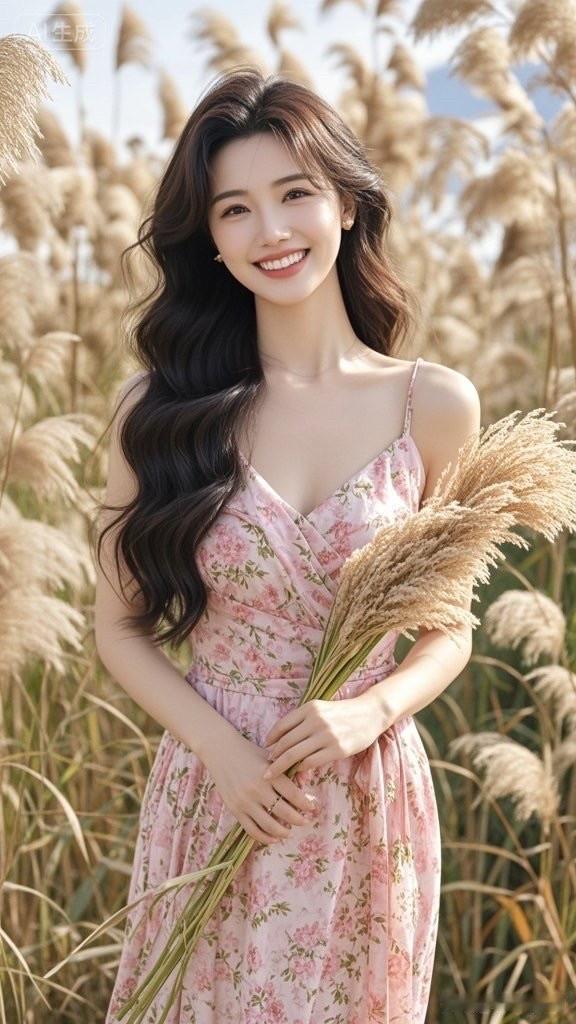 在田野中，手捧一束野花，微笑面对阳光。