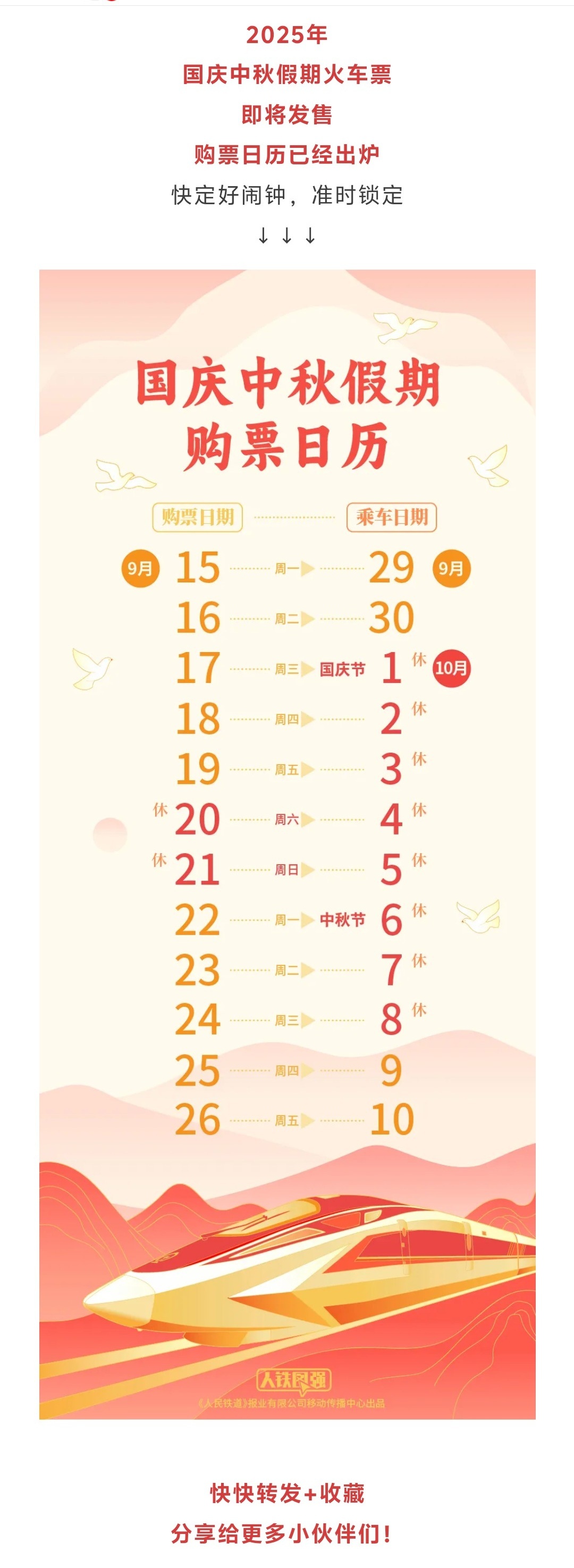 国庆中秋购票日历来了 2025年国庆中秋假期火车票即将发售[围观][围观]今年有
