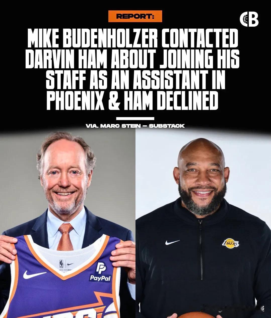 报道；迈克·布登霍尔泽和菲尼克斯太阳队最近联系了达文·哈姆，邀请他担任助理教练，