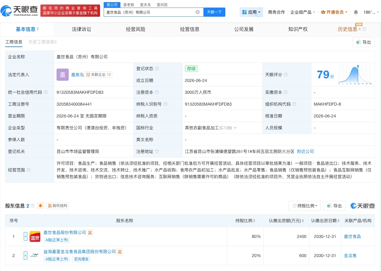 【盖世食品金龙鱼在苏州成立合资公司 注册资本3000万】财报研究社Pro讯，天眼