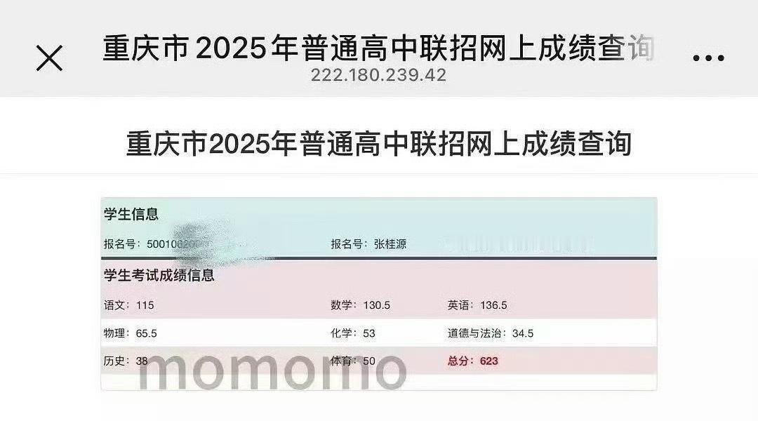张桂源杨涵博中考成绩 张桂源杨涵博中考成绩出来了张桂源623分，杨涵博620分[