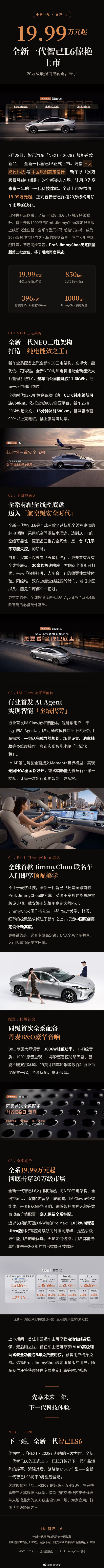 全新一代智己L6正式上市，上市权益价19.99万元起。新车全系搭载NEO三电架构