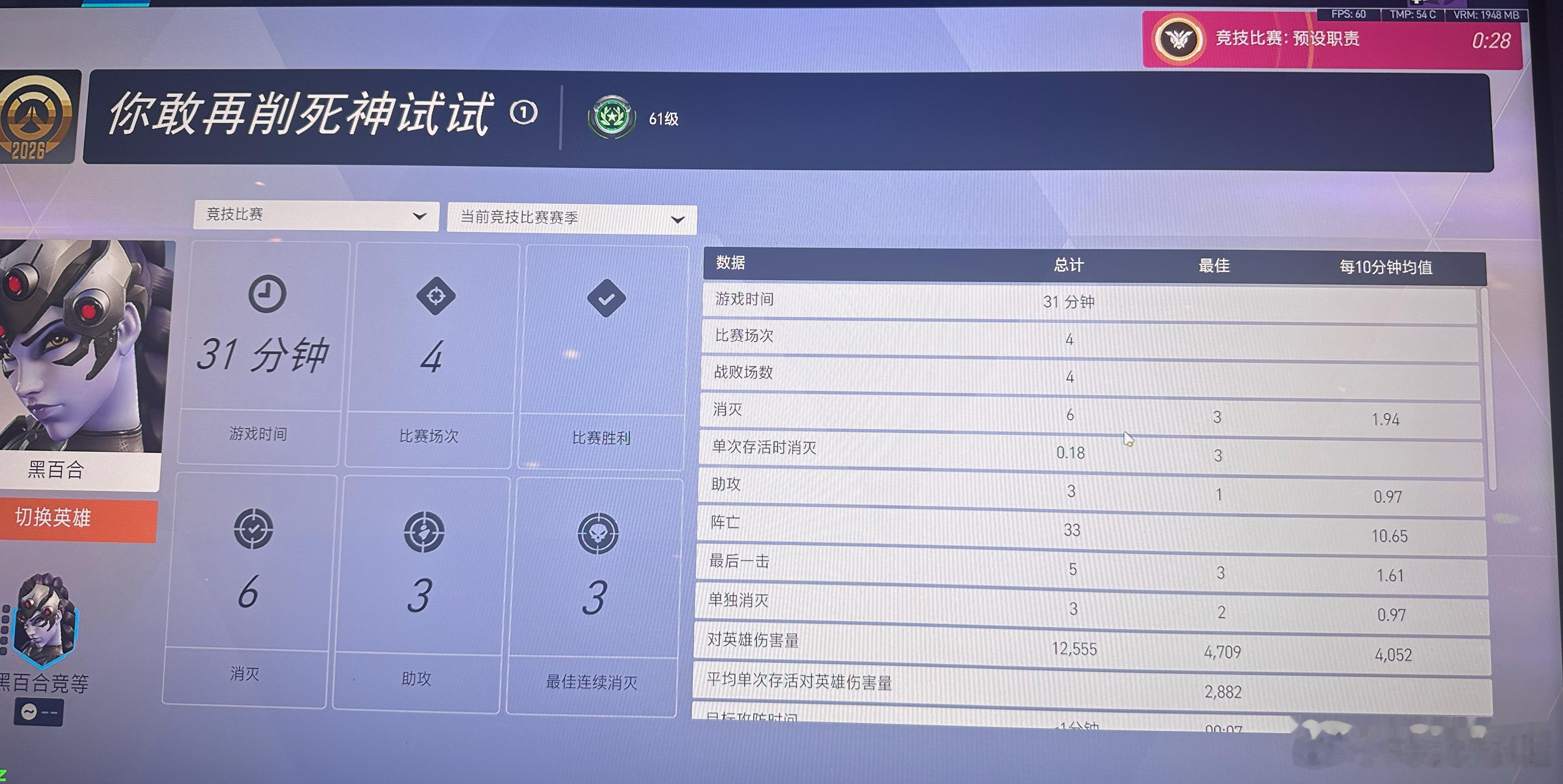 竞技近20把75胜率的后果就是排到0.18kd的黑百合