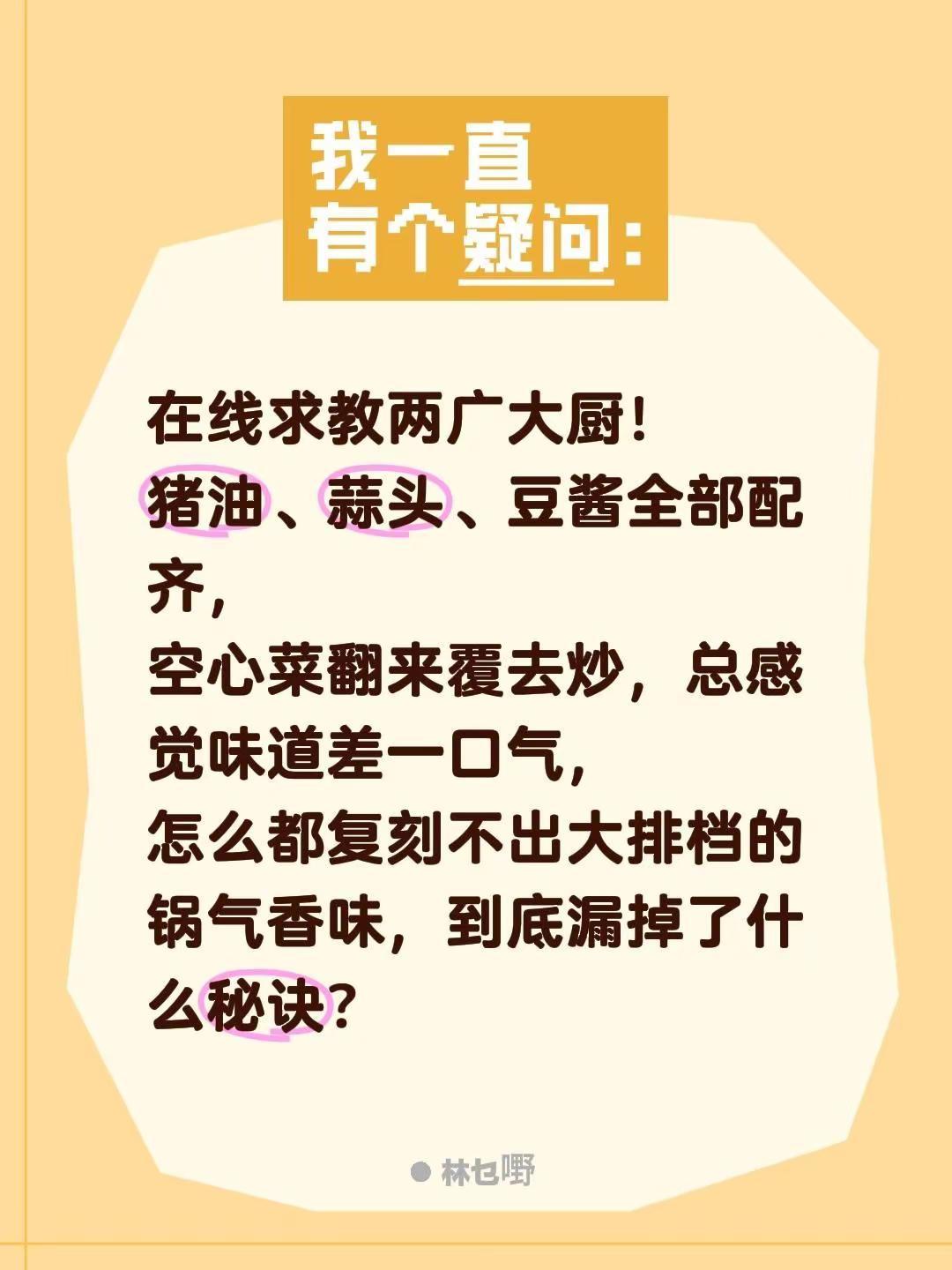 在线求教两广大厨！猪油、蒜头、豆酱全部配齐，空心菜翻来覆去炒，总感觉味道差一口气