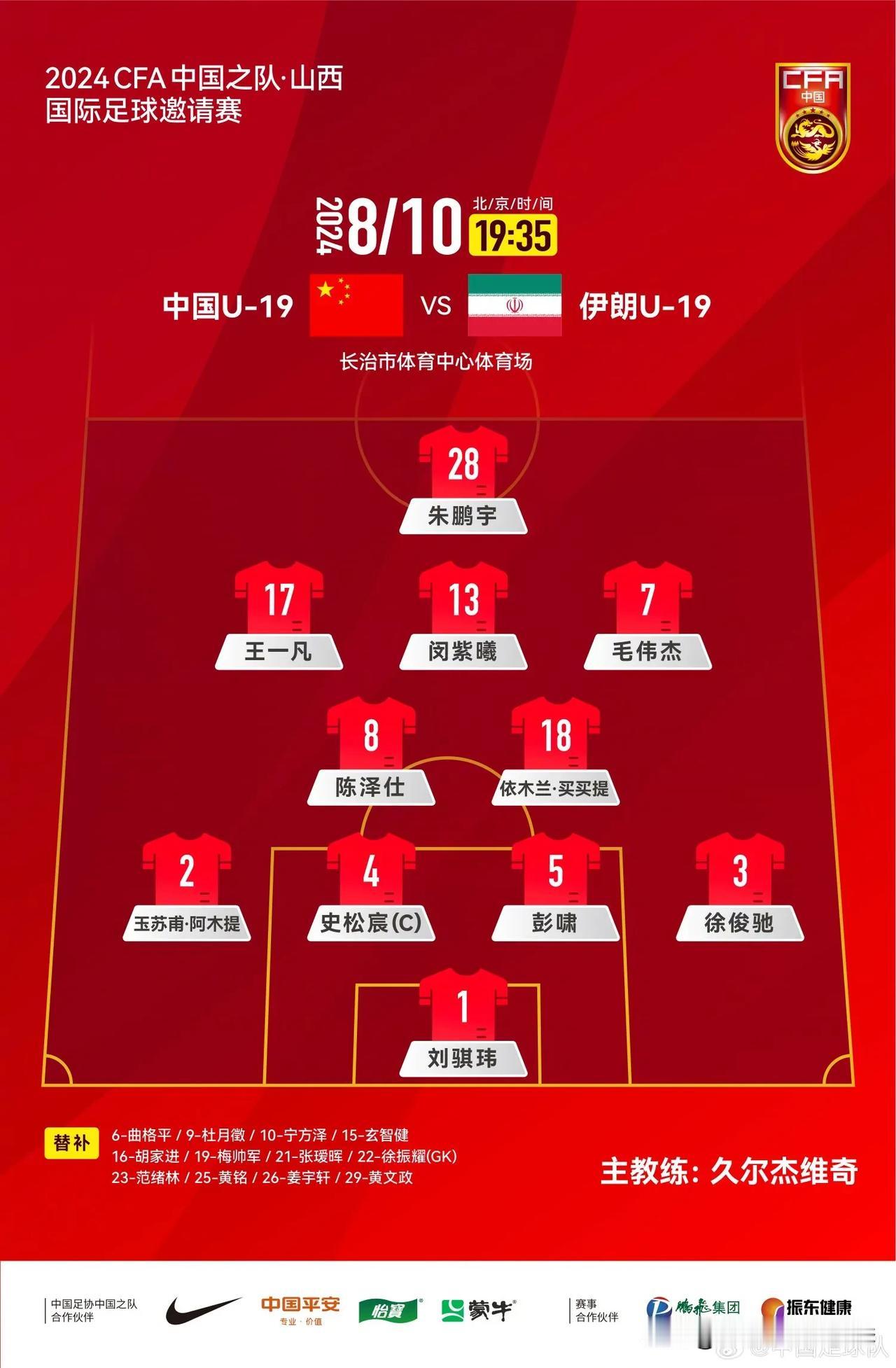 中国U19vs伊朗U19首发，大连英博队朱鹏宇、毛伟杰首发，曲格平替补。