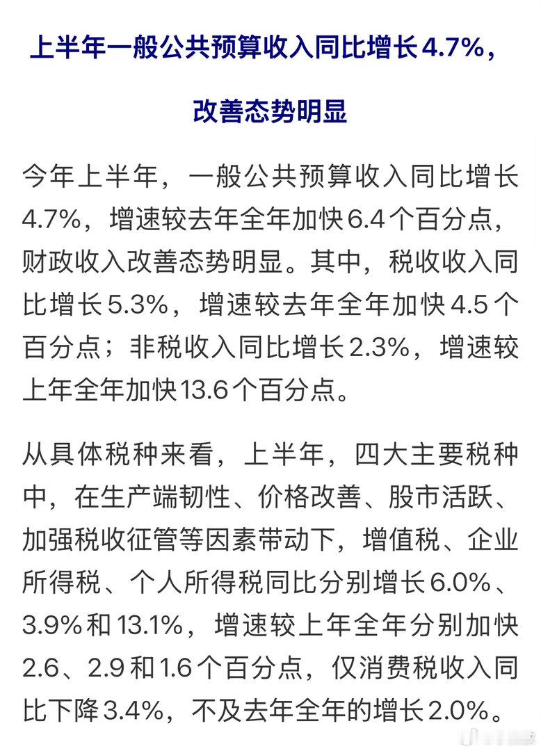 真是没想到：今年上半年，中国全国一般公共预算收入12.1万亿元，同比增长4.7%
