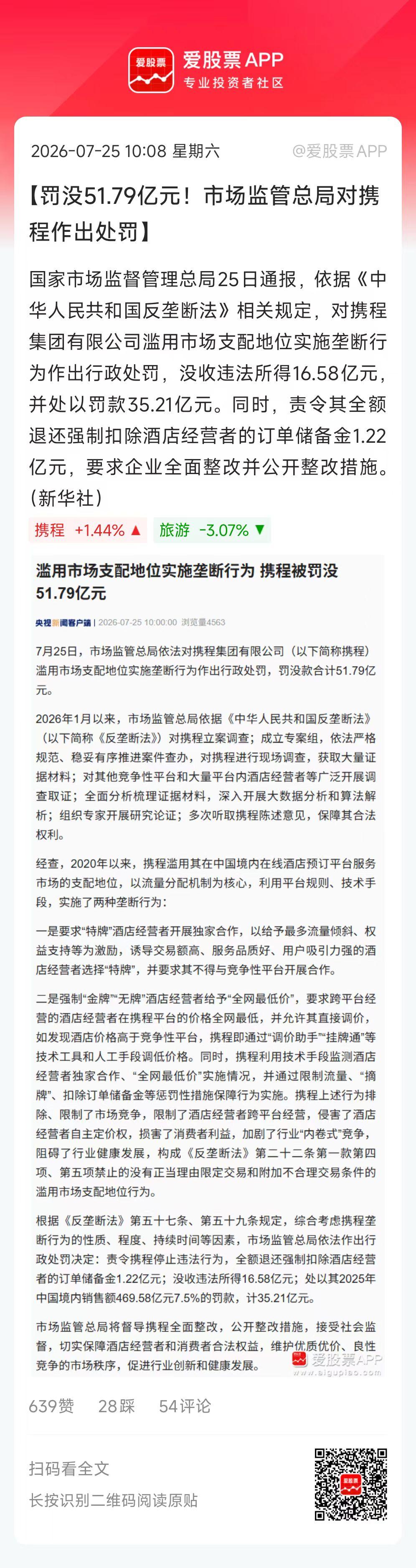 因滥用市场支配地位实施垄断行为，携程被罚没51.79亿元，这个算重拳出击了！
