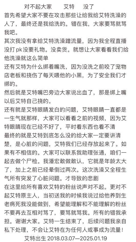 潘宏回应  网传潘宏给狗狗洗澡致死  艾特真的好可怜，他的眼神很无助，像是在求救