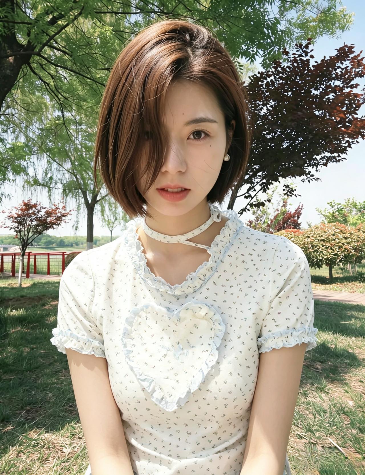 晴日郊原草木新，短发清灵绝俗尘。
眸光婉转含星子，清风一缕醉游人。