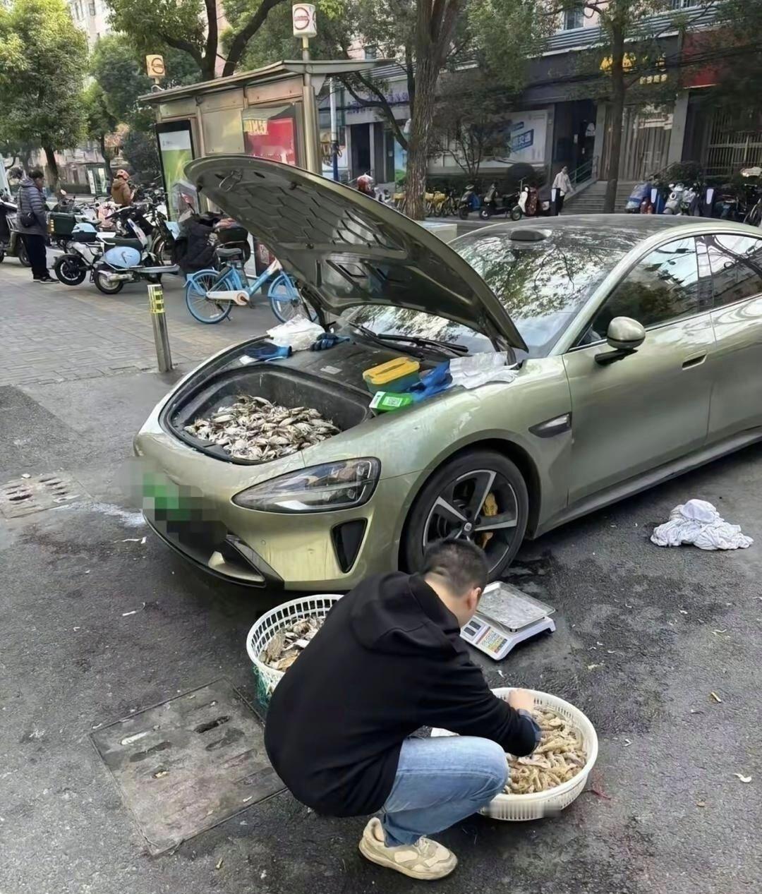 前备箱直接改行当海鲜摊，这大哥是真是野路子多，不过车里那股味儿估计得散好几个星期