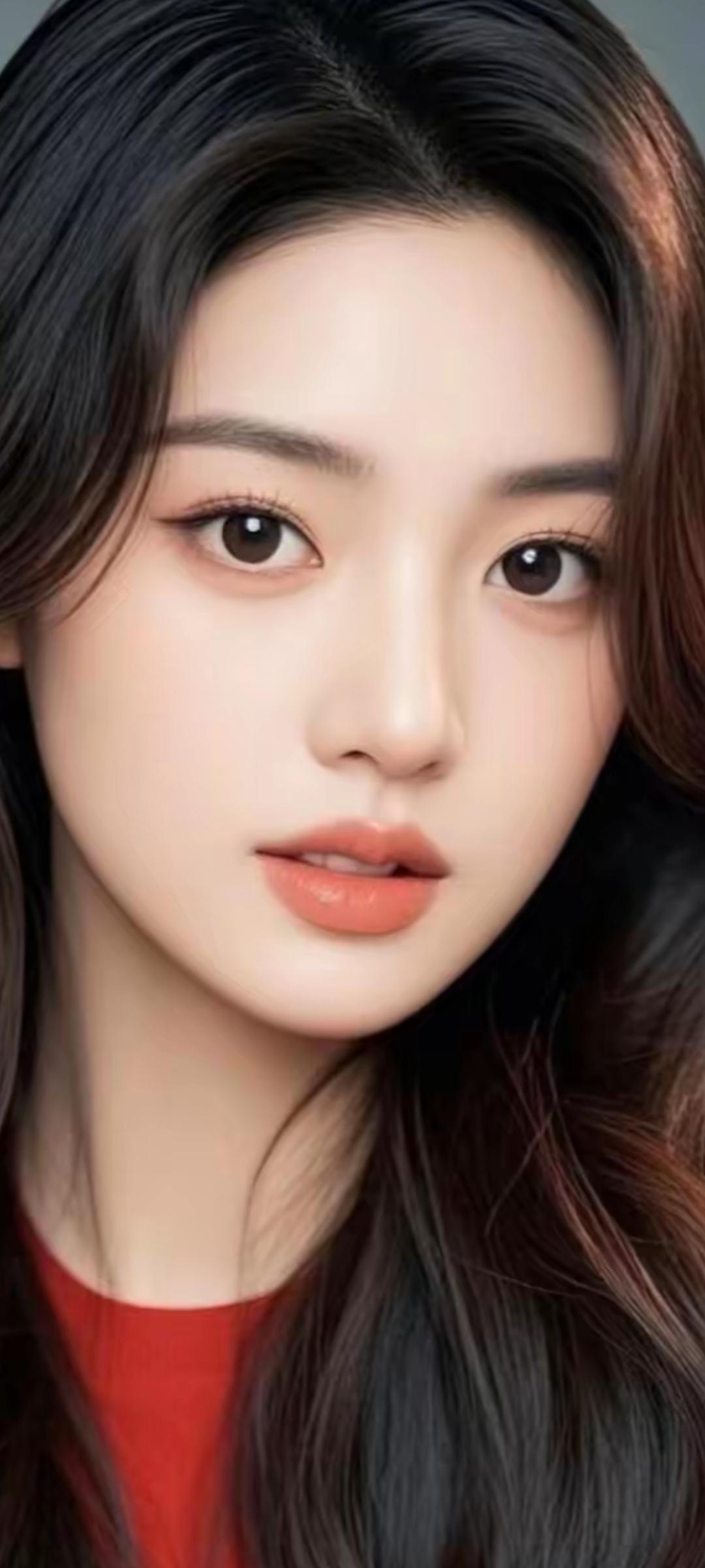 温柔甜美的少女，红唇与黑发相映成趣，宛如冬日暖阳。