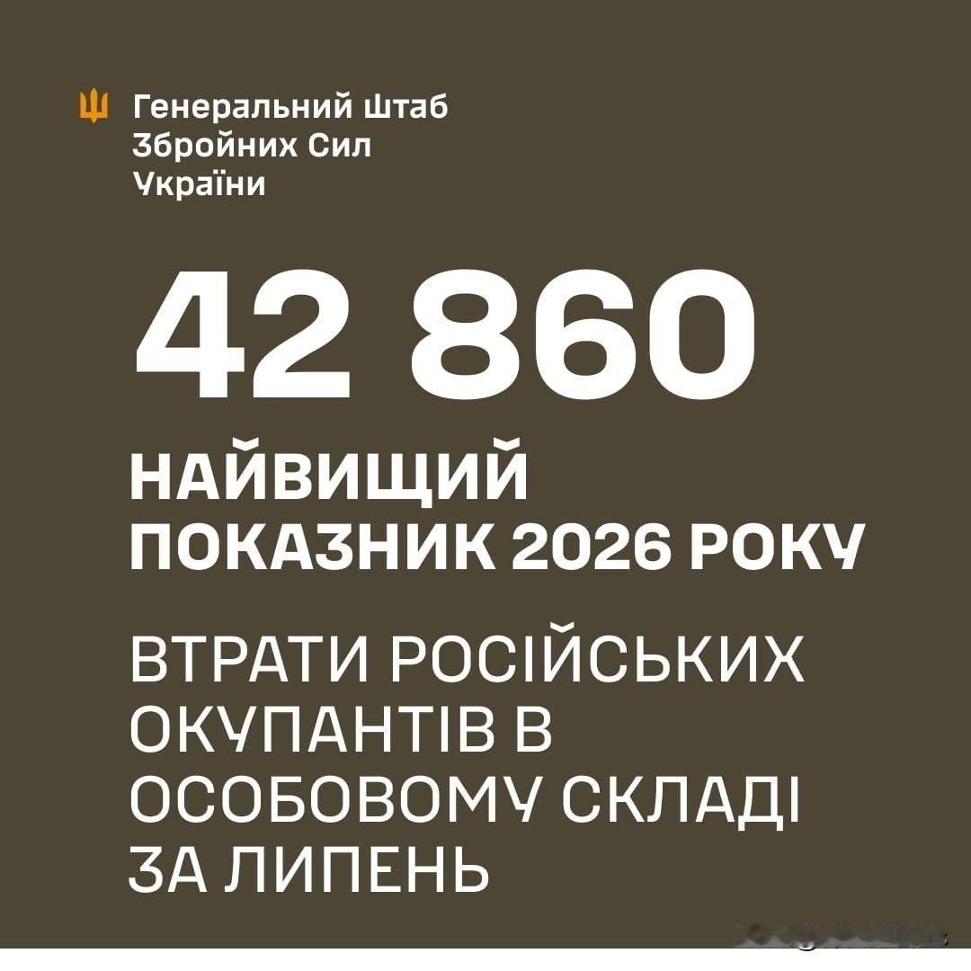 乌克兰总参谋部表示，俄罗斯军队在7月遭受了42,860名人员的损失，这是2026