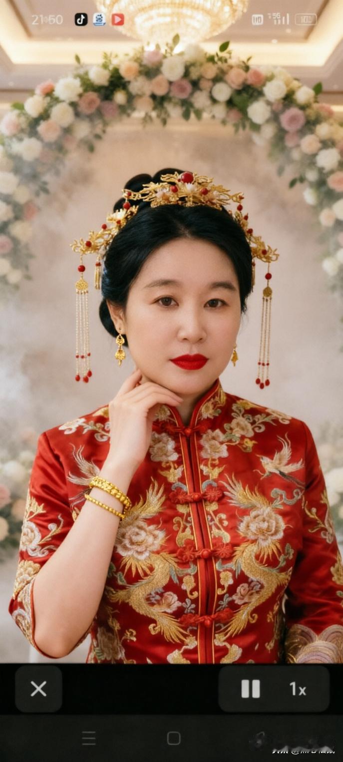 红衣美人，花环映衬，古典优雅，韵味十足。
