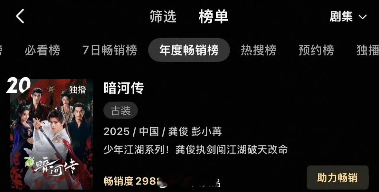 龚俊《暗河传》进入拉新年榜，8天9小时是优酷有拉新年榜以来第4快进入拉新年榜的电
