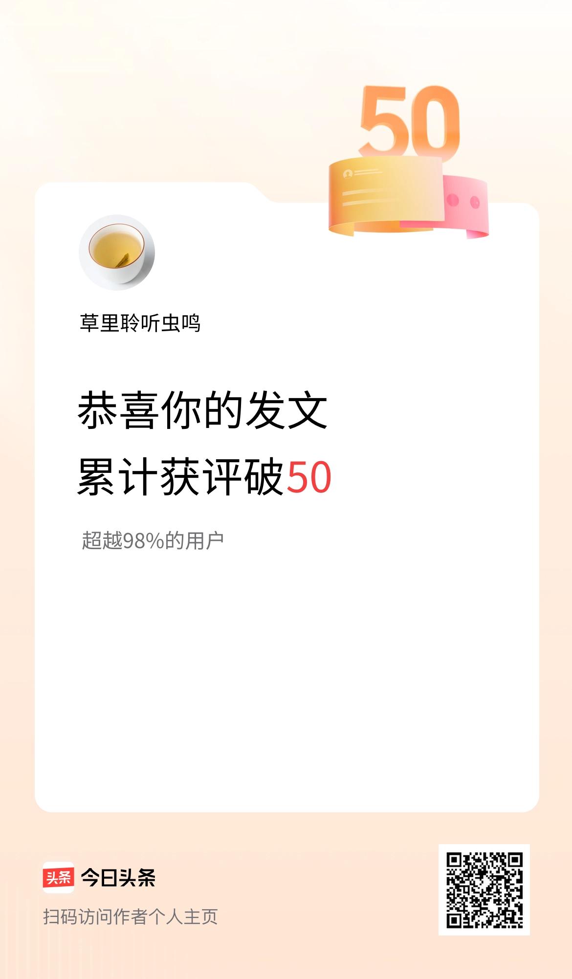 我在头条累计获评论量破50啦！