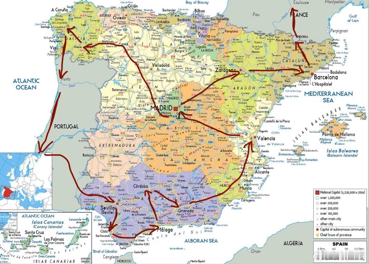 我的西班牙之行已经初步设计完成。【图1】按照这个地图红色线路，我会绕伊比利亚（包