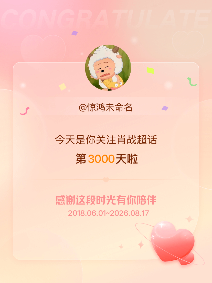 肖战今天是我关注超话的第3000天，希望能继续伴你一路前行～ 