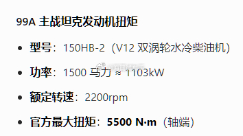 99A坦克的动力参数，在绿牌车面前，赶脚99A的动力已经很虚弱了~~~您说99A