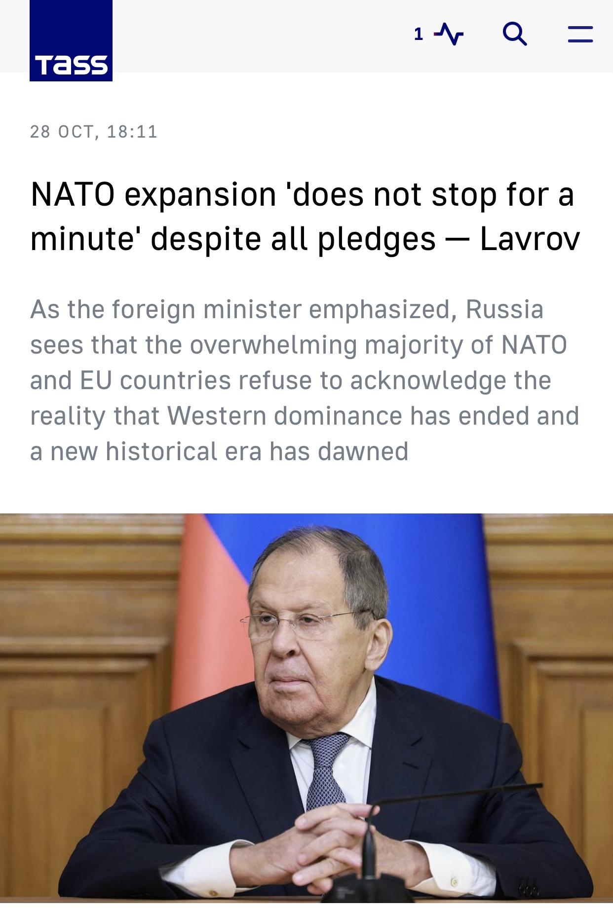 塔斯社：拉夫罗夫批北约扩张”一刻未停”

塔斯社明斯克10月28日电：俄罗斯外交