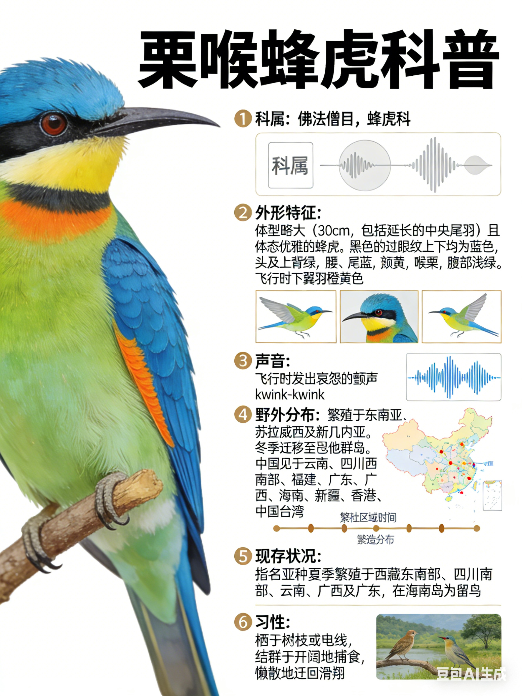 鸟类朋友图鉴 栗喉蜂虎·科属：佛法僧目，蜂虎科。·外形特征：体型略大（30cm，