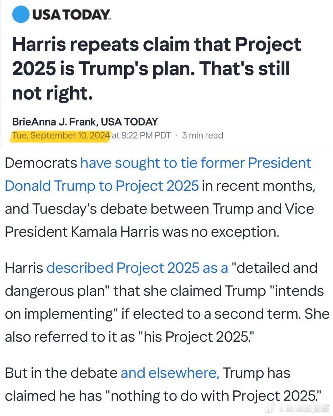 2024年9月，美国媒体: Harris 号称“Trump要实施2025项目”～