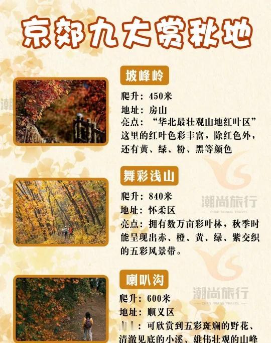 📢京郊九大赏秋推荐地~赶快收藏🎉
🍁北京绝美徒步赏秋路线 ，闯入油画般的五