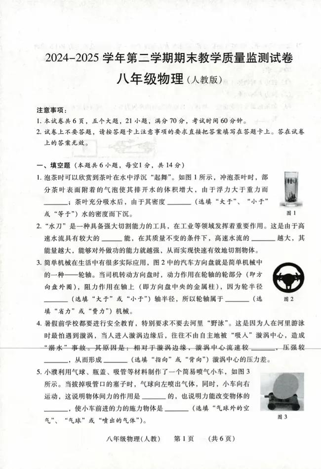 濮阳市2024—2025学年第二学期期末质量监测试卷八年级物理