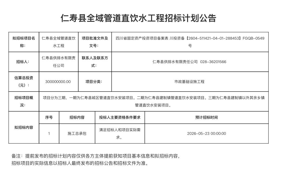 仁寿县全域管道直饮水工程