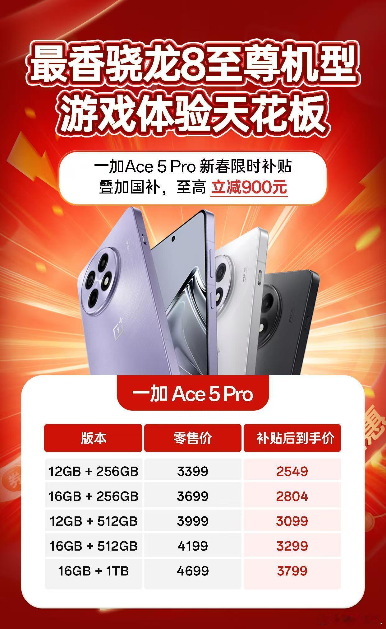 一加Ace 5 Pro新春限时补贴叠加 国补  后只要2549起，应该是目前性能