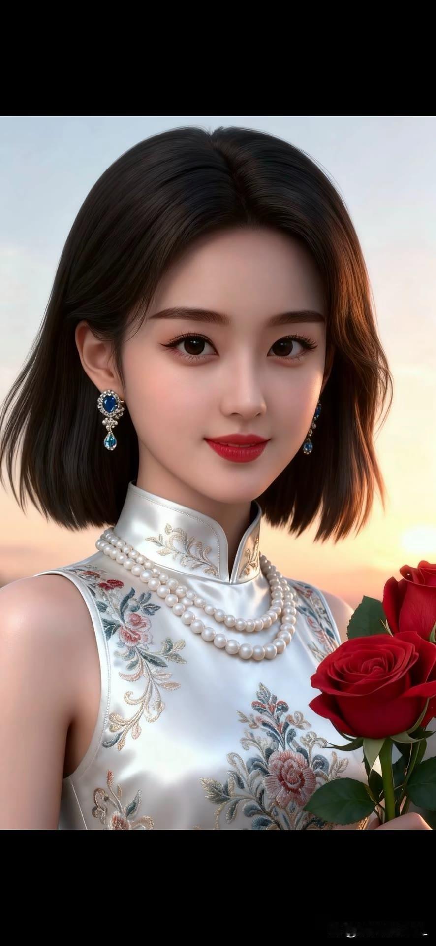 优雅旗袍少女，手捧红玫瑰，尽显东方韵味