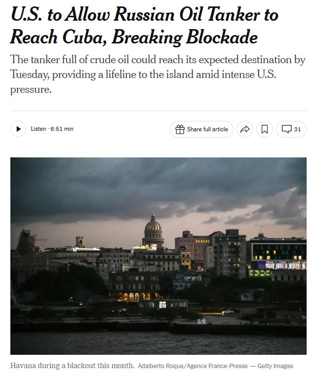 《纽约时报》：美国允许一艘俄罗斯油轮抵达古巴，缓解了数月来有效阻止燃料运输的严格