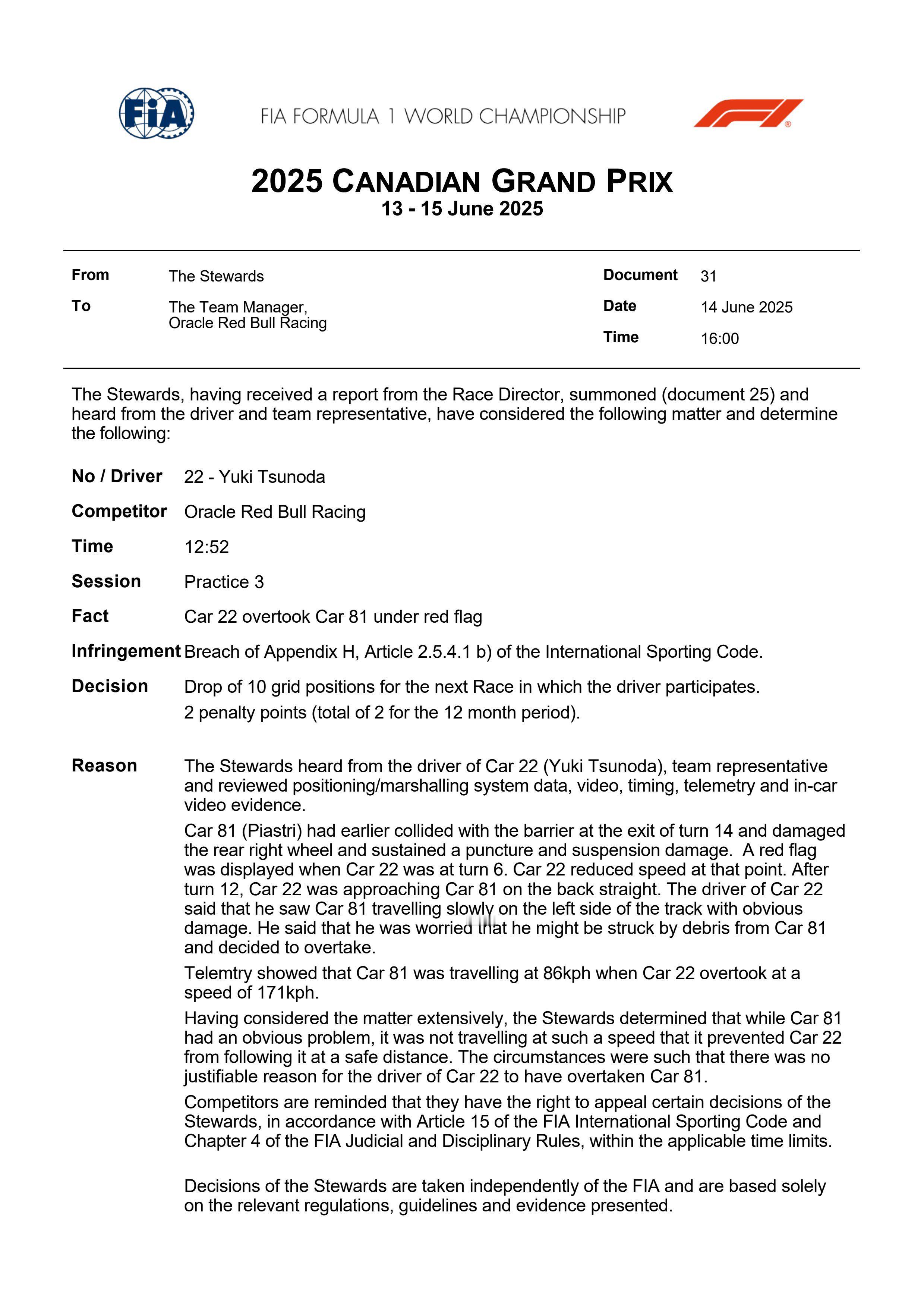ICYMI：角田因为FP3红旗超车，被罚正赛罚退10位起步F12025F1加拿大