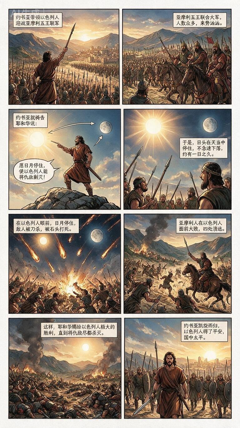 以色列的史书记载约书亚使日月停住的故事。

当时，基遍人因惧怕以色列人，用诡计与