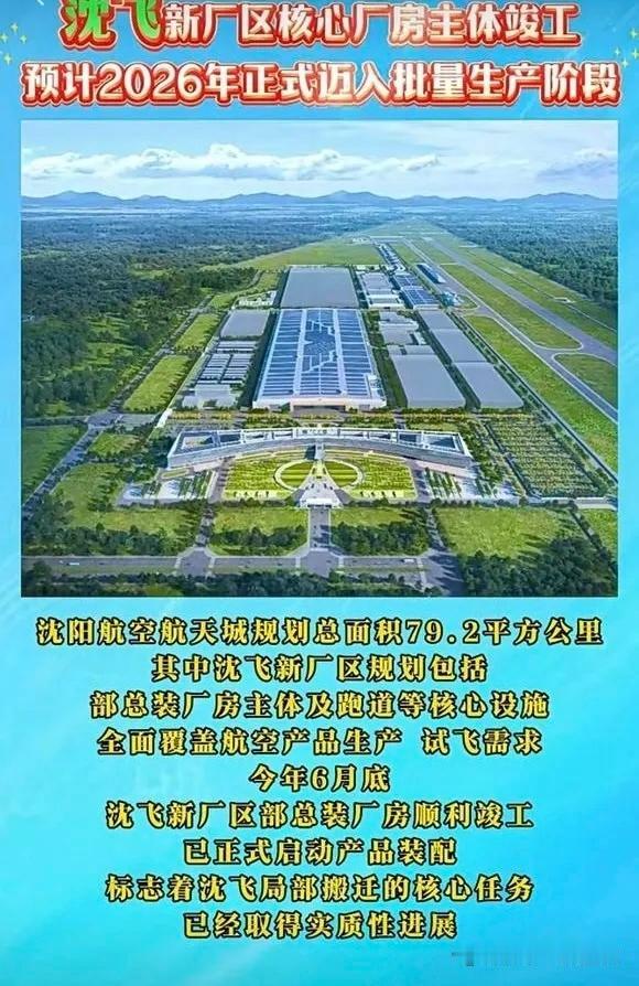 1月8日，据《辽宁日报》近日报道，沈飞新总装厂区核心厂房已于2025年6月竣工，
