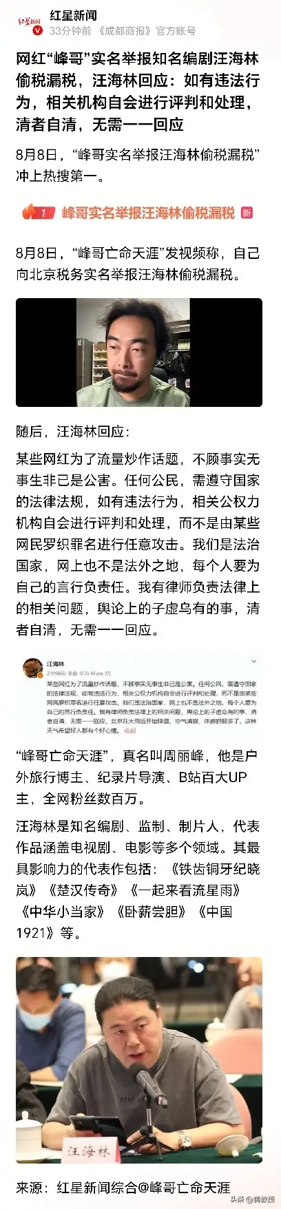峰哥实名举报汪海林偷税漏税如果峰哥说的事儿最终实锤了，那真的挺毁三观的啊 