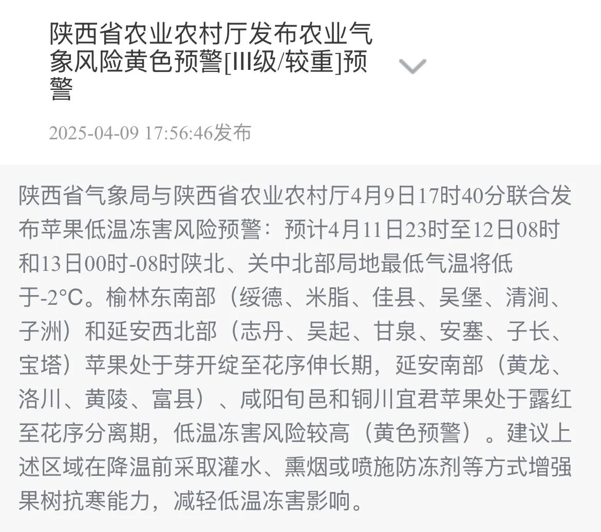 陕西省气象局与陕西省农业农村厅4月9日17时40分联合发布苹果低温冻害风险预警，
