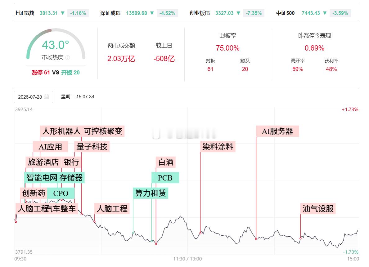 7.28收评：今天双创指数再度出现不小的调整，昨天刚燃起来的一点小火星直接被一盆
